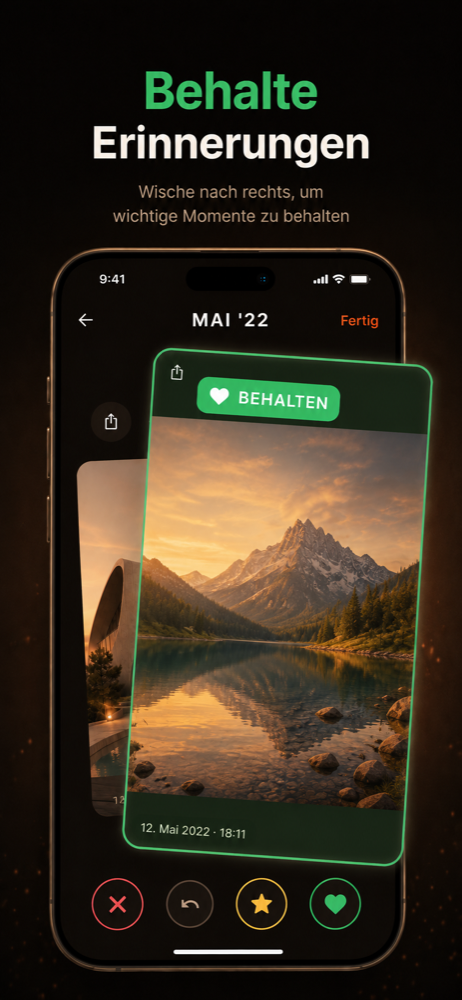 Wisch-Screen mit grünem BEHALTEN-Overlay über einem Bergsee-Foto