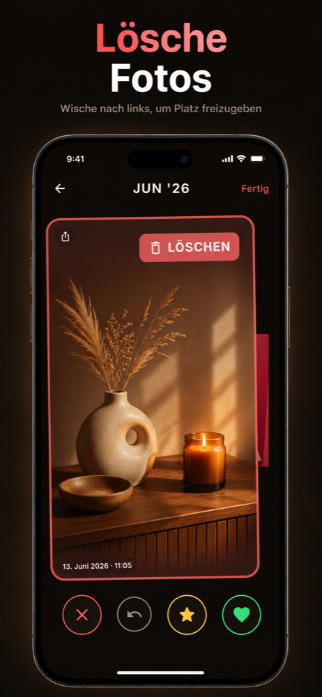 Wisch-Screen mit rotem LÖSCHEN-Overlay über einem Stillleben-Foto
