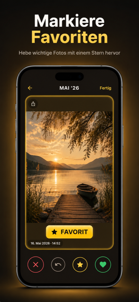 Wisch-Screen mit gelbem FAVORIT-Overlay über einem Sonnenuntergang-Foto