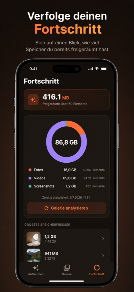 Fortschritt-Tab mit Donut-Diagramm der Speicherverteilung