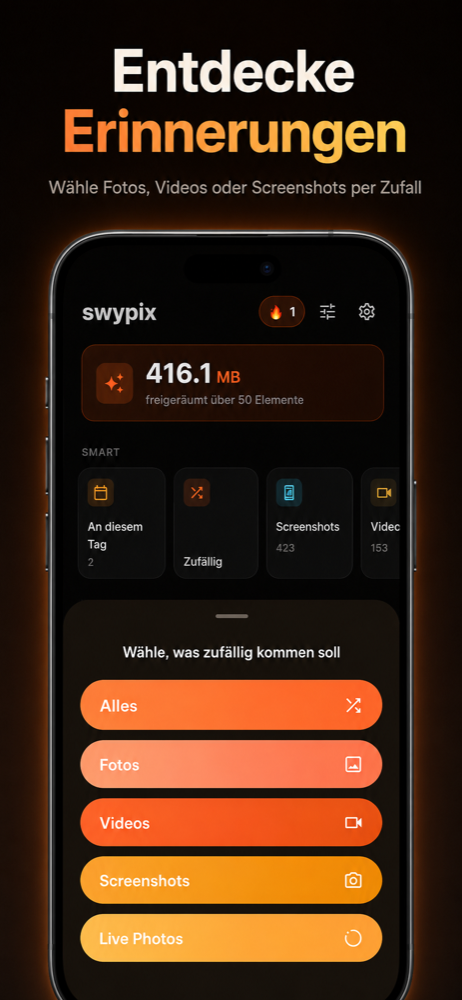 Zufalls-Auswahl: Alles, Fotos, Videos, Screenshots, Live Photos