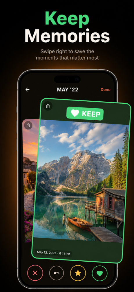 Swipe screen with green KEEP overlay over a mountain-lake photo