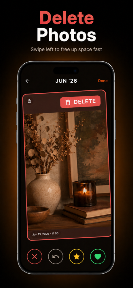 Swipe screen with red DELETE overlay over a still-life photo