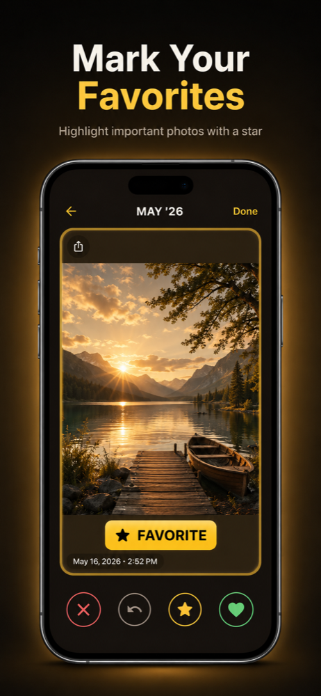 Swipe screen with yellow FAVOURITE overlay over a sunset photo