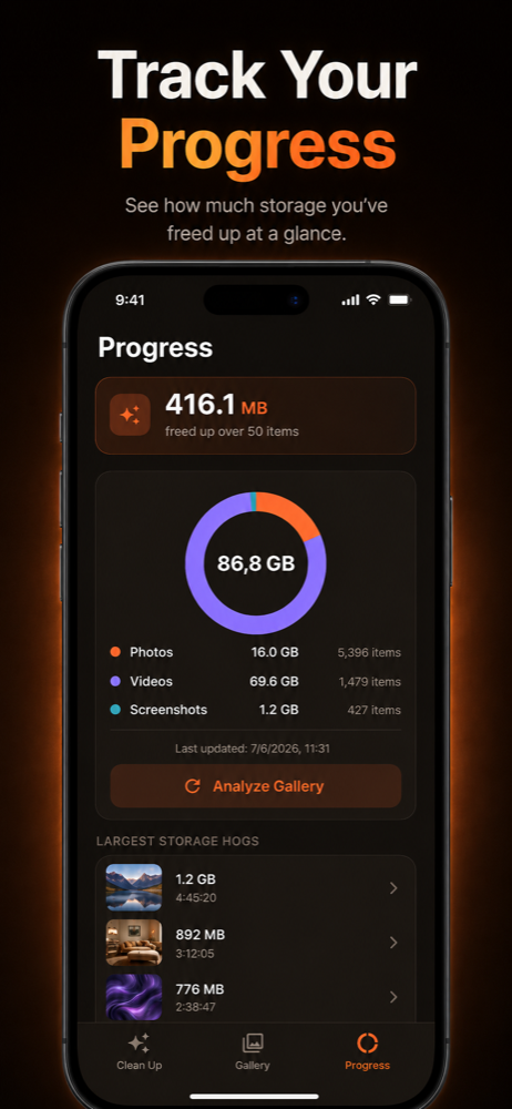 Progress tab with a donut chart of storage breakdown