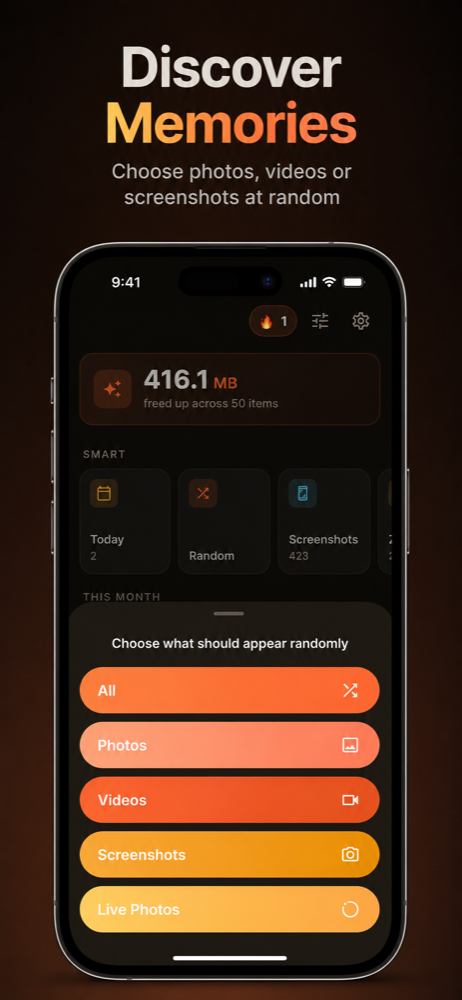 Random picker: All, Photos, Videos, Screenshots, Live Photos