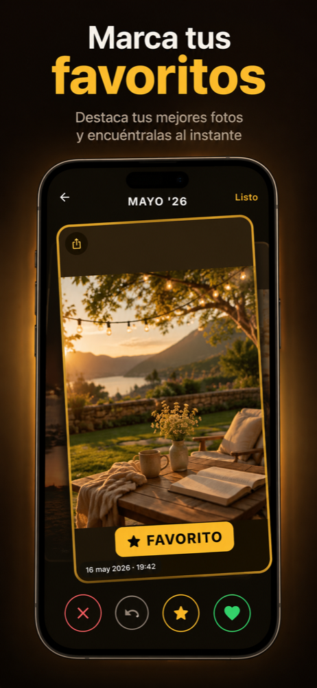 Pantalla de swipe con superposición amarilla FAVORITA sobre una foto de atardecer