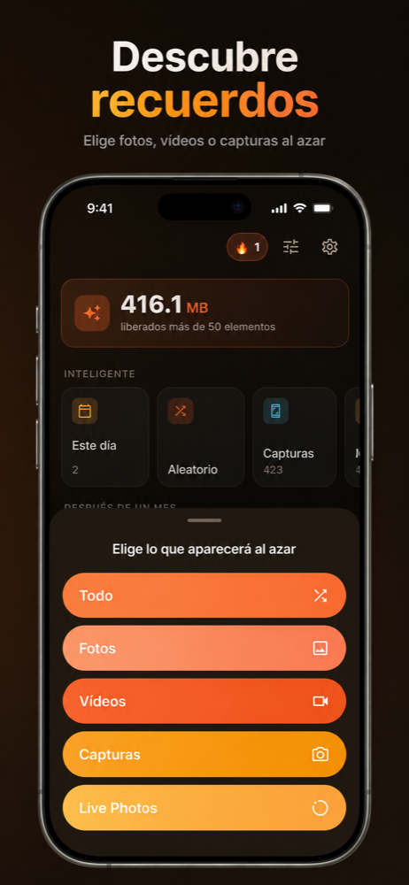 Selector aleatorio: Todo, Fotos, Vídeos, Capturas, Live Photos