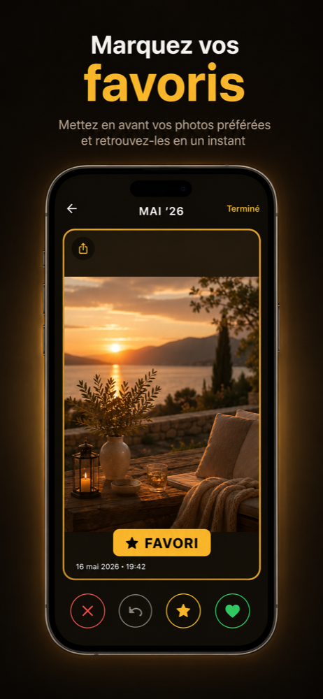 Écran de swipe avec l'overlay jaune FAVORI sur une photo de coucher de soleil