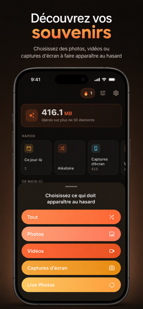 Sélection aléatoire : Tout, Photos, Vidéos, Captures d'écran, Live Photos